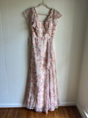 Amazon Pink Floral Ruffle V-Neck Maxi Wrap Wedding Mother Dress Sz Med